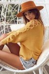 LACE UP SLEEVE MUSTARD KNIT SWEATER