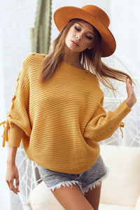 LACE UP SLEEVE MUSTARD KNIT SWEATER