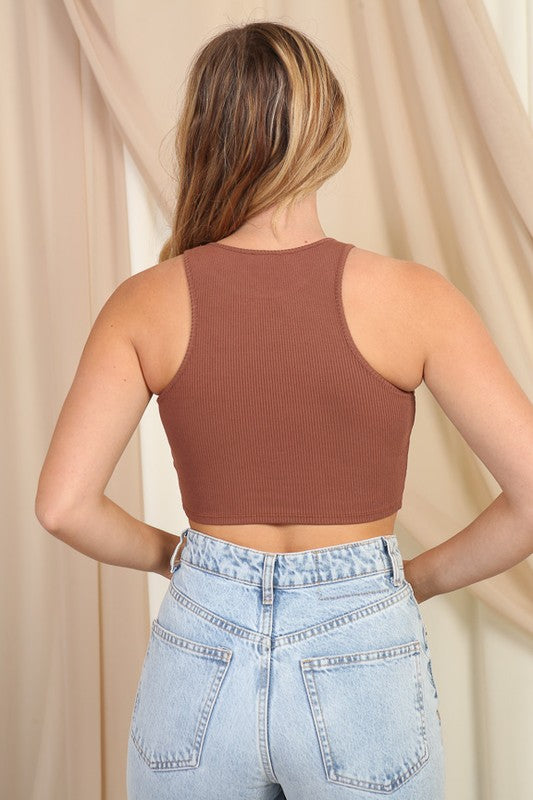 BROWN RIBBED CROPPED TANK TOP