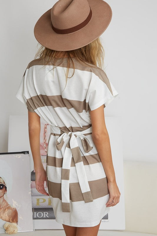 TAUPE AND WHITE STRIPED BELTED DRESS