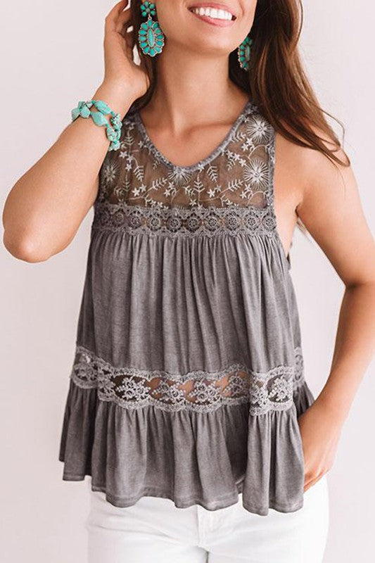 LACE EMBROIDERY RUFFLED TANK TOP