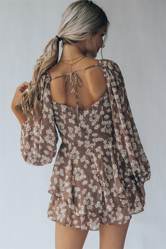 BROWN BUBBLE SLEEVE FLORAL ROMPER