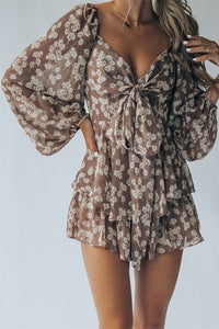 BROWN BUBBLE SLEEVE FLORAL ROMPER