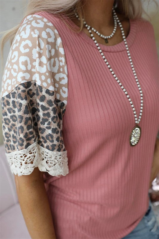 PINK RIBBED LEOPARD PRINT PUFF SLEEVE TOP