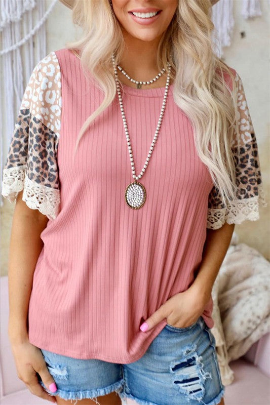 PINK RIBBED LEOPARD PRINT PUFF SLEEVE TOP