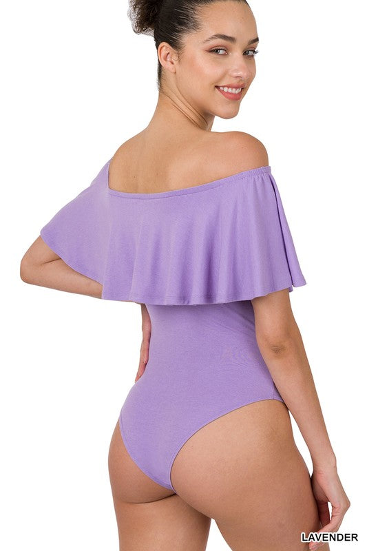 LAVENDER RUFFLE OFF THE SHOULDER BODYSUIT