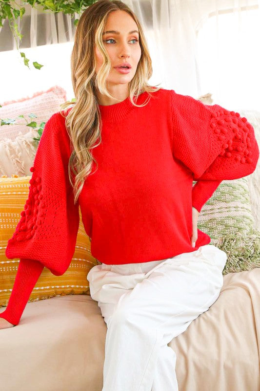 RED BUBBLE SLEEVED SWEATER