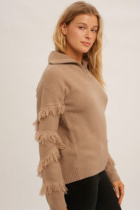 QUARTER ZIP SWEATER WITH FRINGE SLEEVES