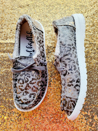 GREY METALLIC LEOPARD SLIP ON CANVAS SHOE