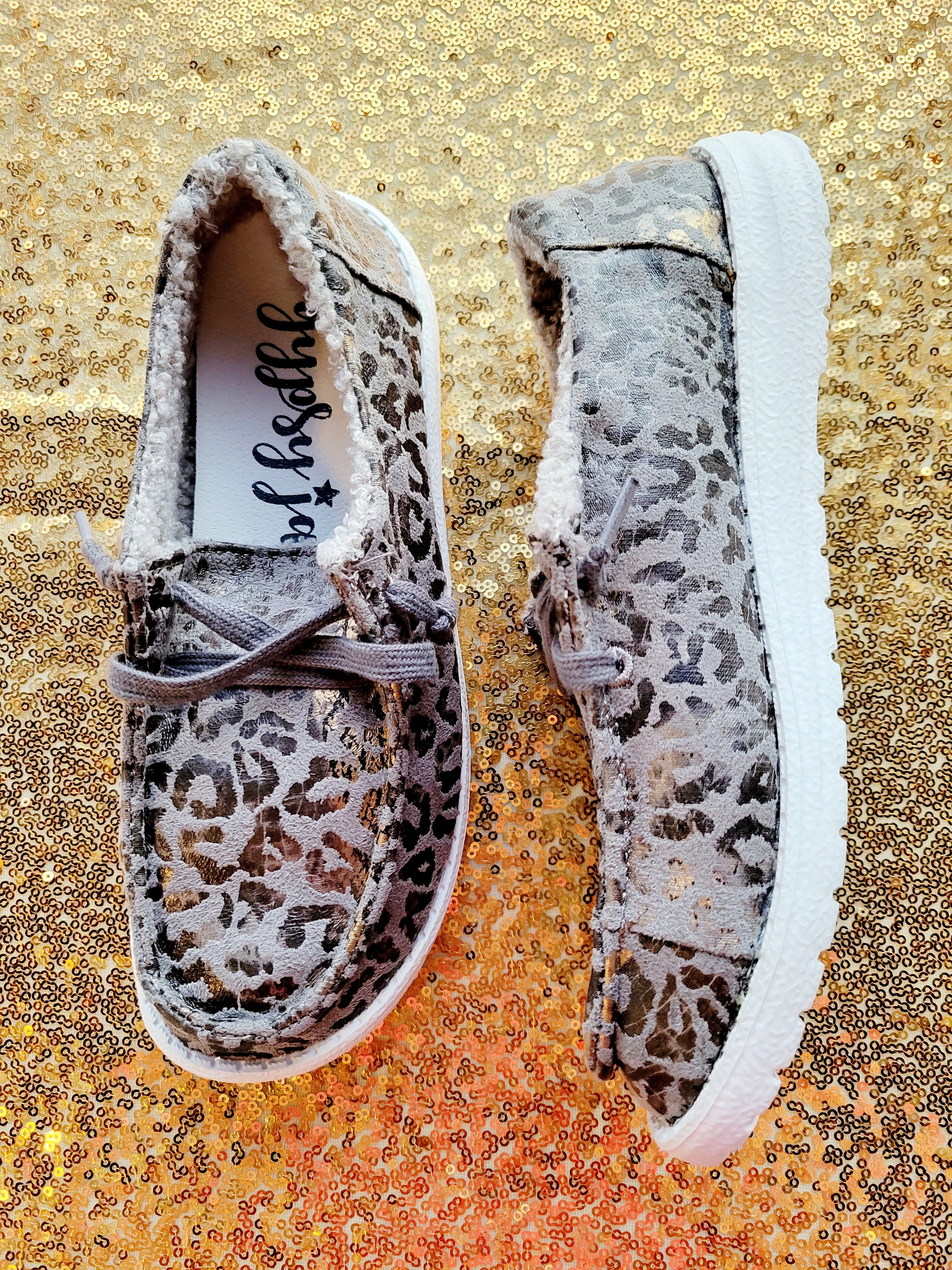 GREY METALLIC LEOPARD SLIP ON CANVAS SHOE