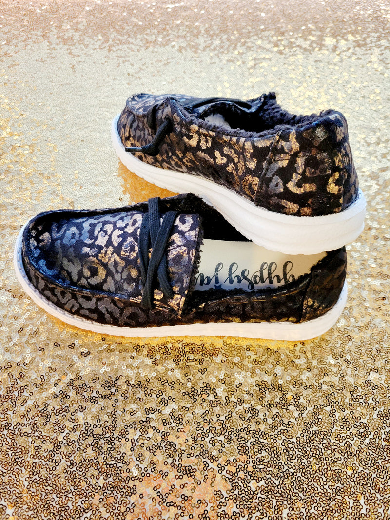 BLACK METALLIC LEOPARD SLIP ON CANVAS SHOE