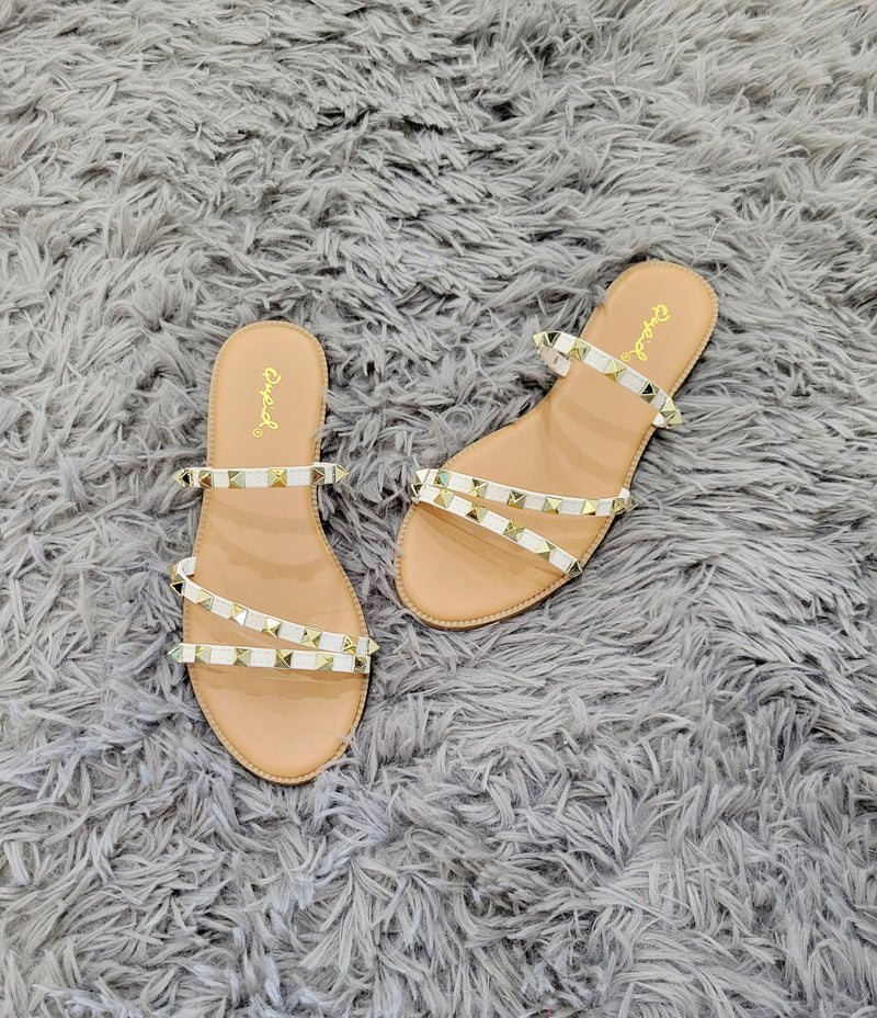 WHITE AND GOLD SPIKED SANDALS
