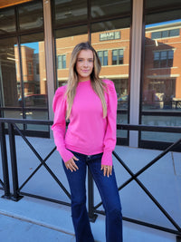 PINK PUFFED SHOULDER SWEATER