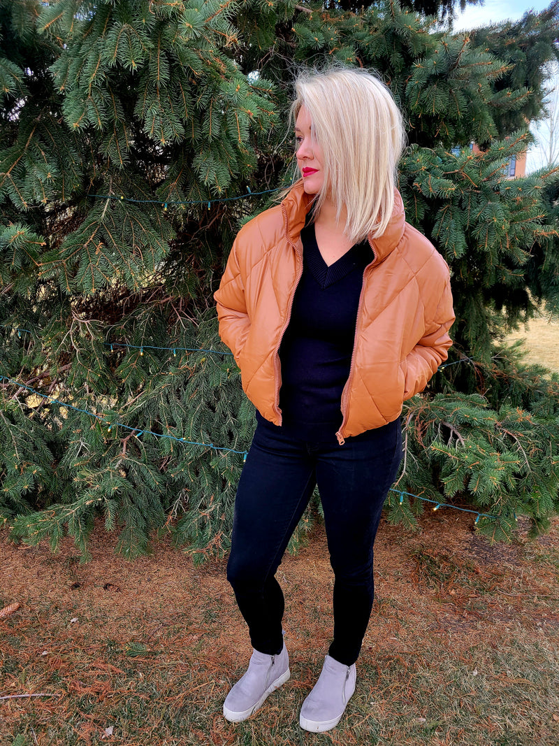 CAMEL FAUX LEATHER PUFFER JACKET