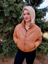 CAMEL FAUX LEATHER PUFFER JACKET