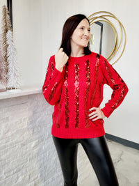RED STRIPED SEQUIN SWEATER