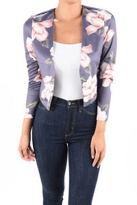 COLLARLESS OPEN FRONT BLAZER WITH FLORAL PRINT