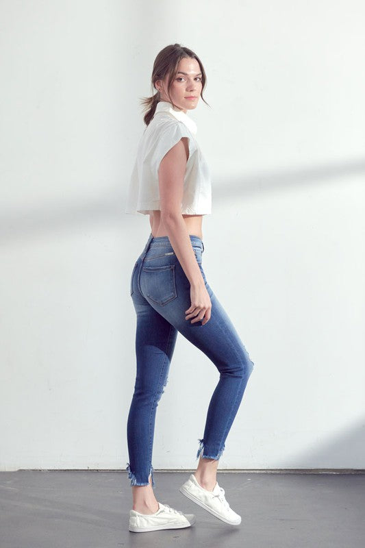 HIGH RISE BUTTON FLY ANKLE SKINNY JEANS