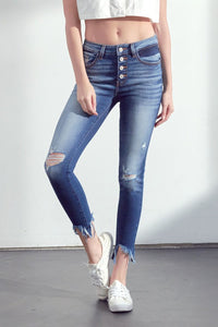 HIGH RISE BUTTON FLY ANKLE SKINNY JEANS
