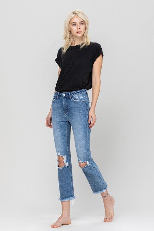 HIGH RISE DISTRESSED CROPPED JEANS