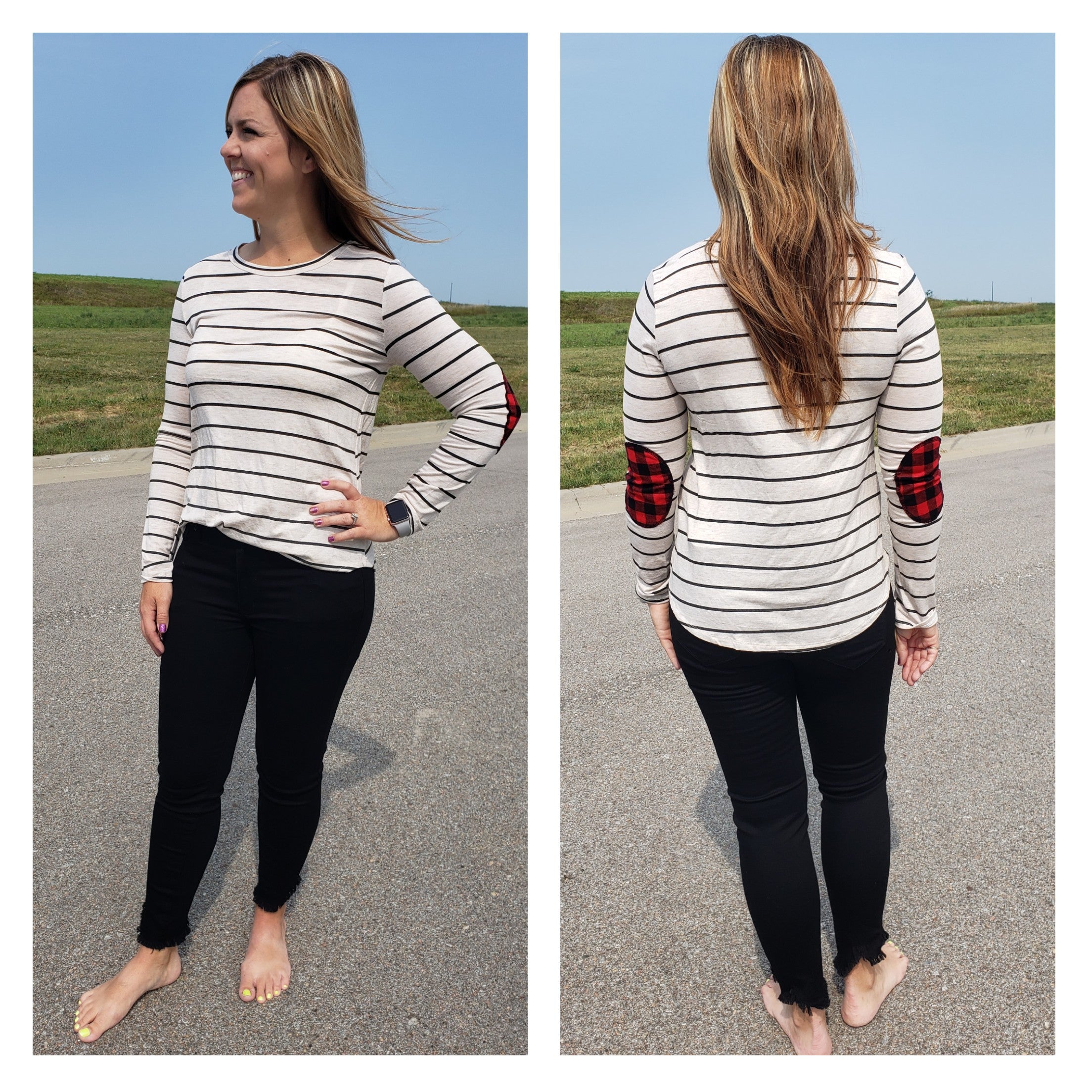 STRIPED TOP WITH ELBOW PATCHES