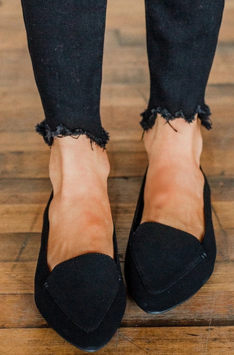 BLACK SUEDE POINTED TOE FLATS