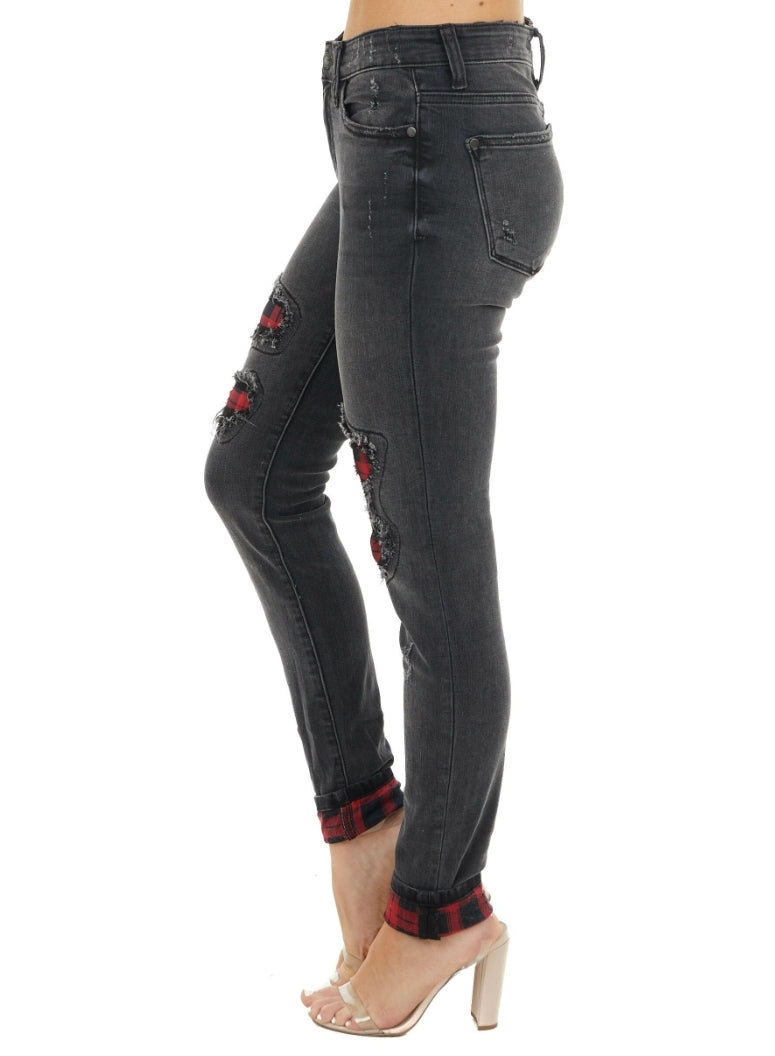 BUFFALO PLAID PATCHED SKINNY MID RISE JEANS