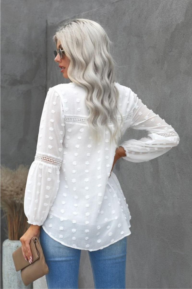 WHITE POLKA DOT BLOUSE WITH LACE SLEEVE CUT OUT