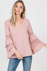 LACE INSET TIERED RUFFLE SLEEVES TOP
