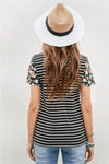 STRIPED VNECK TEE WITH FLORAL SLEEVES