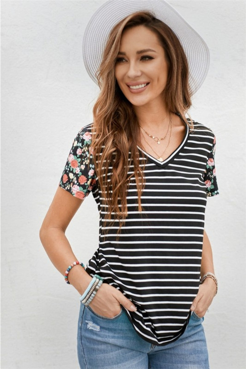 STRIPED VNECK TEE WITH FLORAL SLEEVES