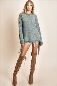 SAGE KNIT SWEATER WITH FRINGE SLEEVES
