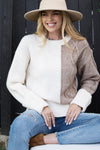 KNITTED CREAM AND MOCHA COLOR BLOCK SWEATER