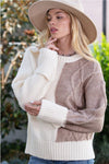 KNITTED CREAM AND MOCHA COLOR BLOCK SWEATER