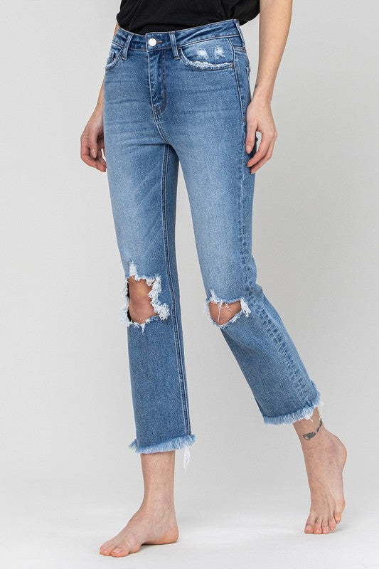 HIGH RISE DISTRESSED CROPPED JEANS