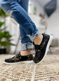 BLACK METALLIC LEOPARD SLIP ON CANVAS SHOE